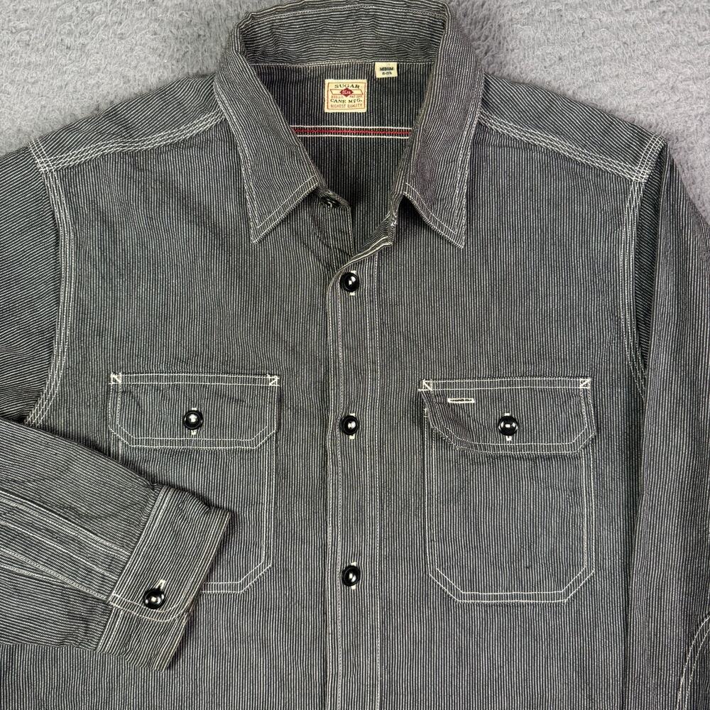 Sugar Cane Jean Cord Work Shirt Mens M Black Long Sleeve Pockets Chambray
